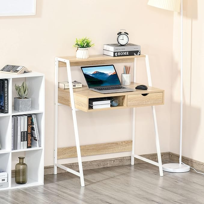 HOMCOM Home Office Desk, Computer Desk with A Frame for Small Spaces, Writing Table with Drawer and Storage Shelves, Natural-NeatNest