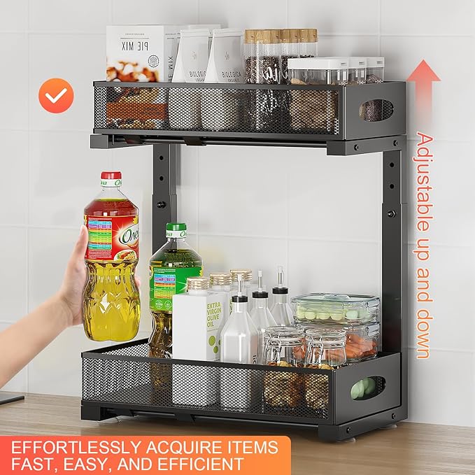 Under Sink Organizer, 2-Tier Put Out Cabinet Organizer, Adjustable Rust Proof Under Sink Organizers and Storage, Kitchen Undersink Organizers for Kitchen, Bathroom, Cabinet, Counter, 2 Pack, Black-NeatNest