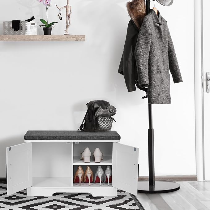 2-Tier Storage Bench, Shoe Bench with Padded Seat Cushion, Entryway Bench with 2 Barn Doors, Adjustable Shelf, 13.8" D x 27.6" W x 17.7" H, for Entryway, Living Room, Bedroom, White-NeatNest