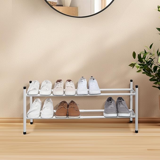 STORAGE MANIAC Expandable Shoe Rack, 8 Pairs Stackable Small Shoe Rack, Metal Adjustable Shoes Organizer for Closet, Entryway, Hallway, Garage, Front Door, Shoes Shelves, White 2 Tier-NeatNest