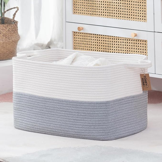 COMFY-HOMI Large Rectangle Laundry Storage Basket | Cotton Rope Woven, Organizing with Handle | Dirty Cloth & Baby Shower Basket | 22x15x12' - White/Grey-NeatNest