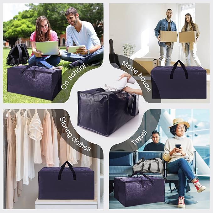 12 Pack Heavy Duty Extra Large Moving Bags W/Backpack Straps - Strong Handles & Zippers, Storage Totes For Space Saving, Fold Flat, Alternative to Moving Box and Storage Bin, Blue