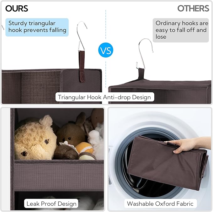 GRANNY SAYS 3-Shelf Closet Organizers and Storage, Foldable Hanging Closet Organizer, Hanging Closet Shelves with 2 Metal Hooks, Leak-Proof Hanging Shelves for Closet, Bedroom, RV, Camper, Dark Brown-NeatNest