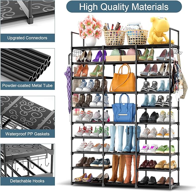Kottwca 3 Row 10 Tier Large Shoe Rack Organizer for Closet Entryway, 60-65 Pair Shoe Boot Storage Rack, Metal Shoe Shelf Tall Vertical Stackable Shoe Stand for Bedroom Corner-NeatNest