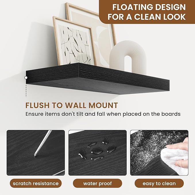 fuqing Floating Shelves for Wall, Bathroom Shelf Wall Mounted for Storage, Shelves with Invisible Bracket for Bedroom, Kitchen, Living Room, Farmhouse Small Book Shelf, 16 Inch Set of 2, Black-NeatNest