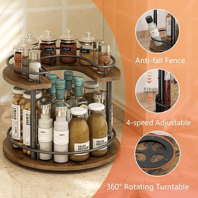 2 Tier Lazy Susan Organizer,2-Tier Spinning Spice Rack with Stable Carousel Base & 4 Height Settings for Cupboard Kitchen Countertop Dining Table Cupboard (Round)-NeatNest