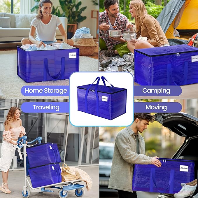 10Pack Moving Storage Bags, Moving Supplies Packing Boxes for Moving, Camping, College Dorm Room Essentials for Girls, Blue Tote Bags, 125L Heavy-Duty Storage Bins With Lids And Zippers