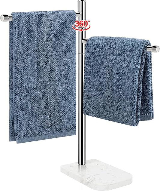 Hand Towel Holder, F-Shape Hand Towel Stand with Marble Base, Stainless Steel Swivel Hand Towel Rack Bar Standing for Bathroom Kitchen Countertop, 2 Arms (Chrome Finish)