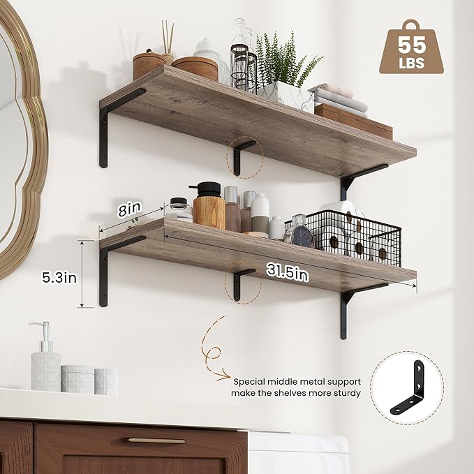 Fun Memories Deep Floating Shelves, 32W x 8D Floating Shelves Set of 2, Wall Mounted Shelf with Metal Brackets, Rustic Wood Wall Shelf for Bathroom, Kitchen and Living Room, Grey-NeatNest