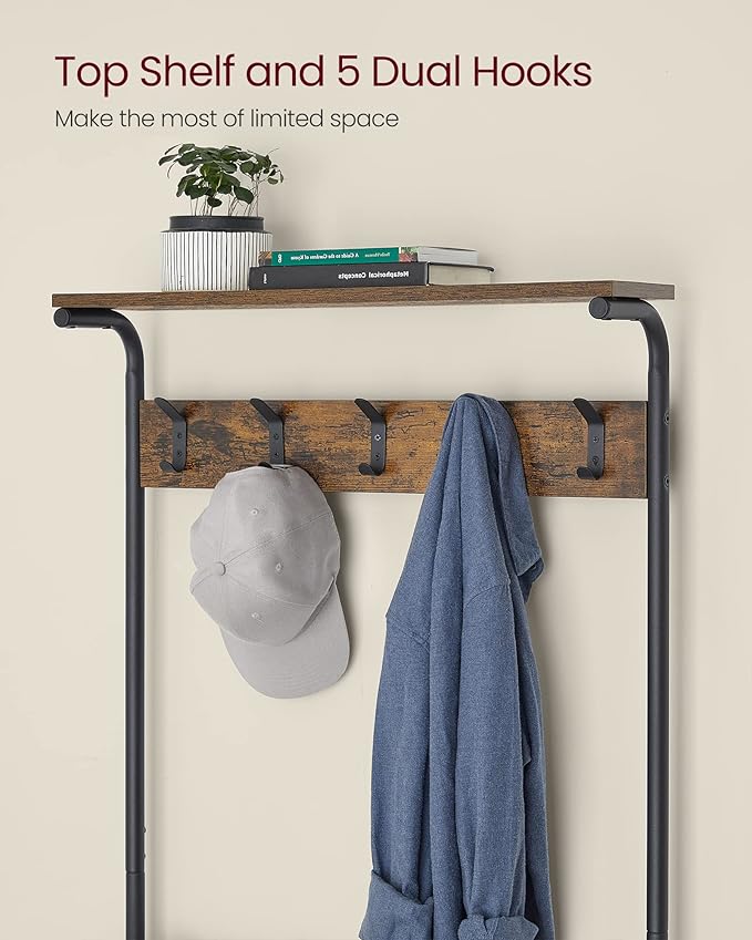 VASAGLE Hall Tree with Shoe Bench, Coat Rack Shoe Bench, 5-Tier Shoe Rack Different Heights, 5 Dual Hooks, Top Shelf, Entryway Organizer, Hallway Bedroom Dorm, Rustic Brown and Black UHSR412B01-NeatNest