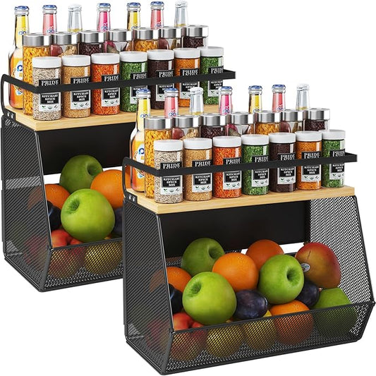 Magnetic Shelf for Fridge with Wide & Thick Magnet, 2 Pack Refrigerator Organizer Basket with Bamboo Top, Storage for Fruit, Potato, Onion, Kitchen, Pantry, Laundry (Black, 13.8" x 6.8" x 11.8")