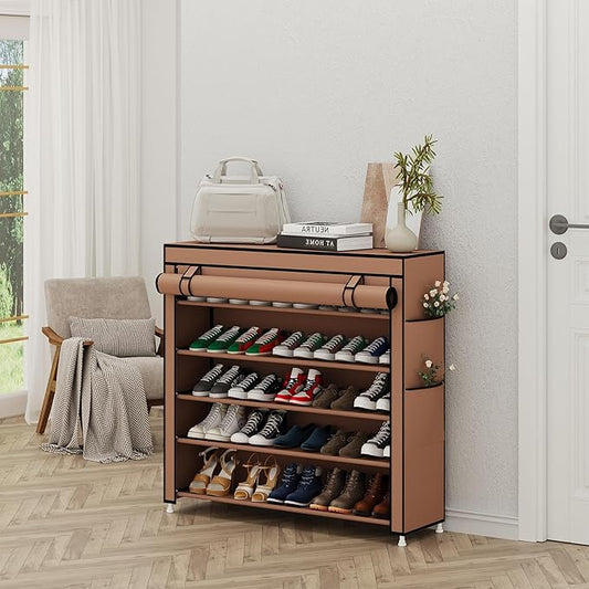 Calmootey 5 Tier Shoe Rack Organizer to Hold 25 Pairs, Portable Shoe Shelf with Nonwoven Fabric Cover for Closet Hallway, Bedroom, Entryway, Brown-NeatNest