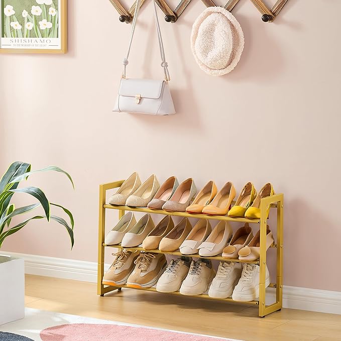 FAVOOSTY 3-Tier Expandable Shoe Rack, Adjustable Shoe Shelf Storage Organizer Space Saving Metal Free Standing Shoe Rack for Entryway Closet Doorway, Gold-NeatNest