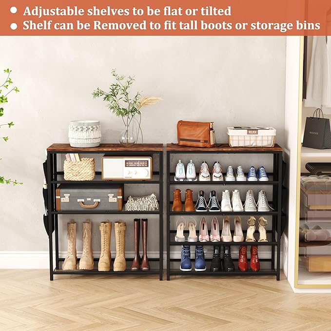 HOMEFORT 5 Tiers Shoe Rack for Entryway,30" Shoe Storage Shelf for Closet, Shoe Organizer with Adjustable Mesh Shelves, for 15-20 Pairs of Shoes, Industrial Shoe Stand with Side Pocket, Rustic Brown