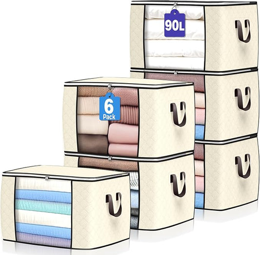 90 L Large Storage Bags, 6 Pack Clothes Storage Bins Foldable Closet Organizers Storage Containers with Reinforced Handle for Clothing, Blanket, Comforters, Bed Sheets, Pillows and Toys (Beige)-NeatNest