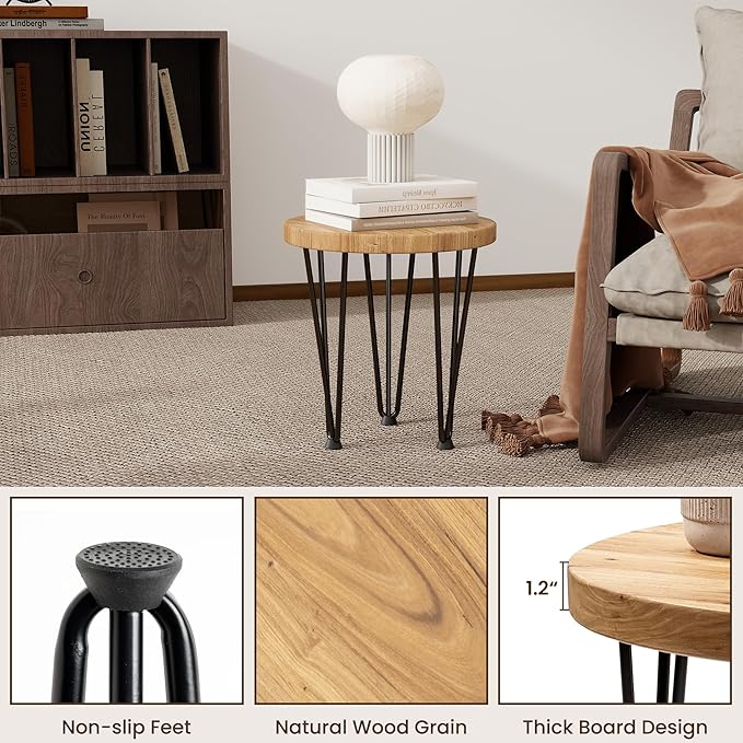 Fun Memories Round Coffee Table - Elm Wood Nesting Table with Metal Legs & Non Slip Feet Base - Rustic Nesting End Tables for Living Room Bedroom - 14" D x 14" W x 16" H - Natural Color