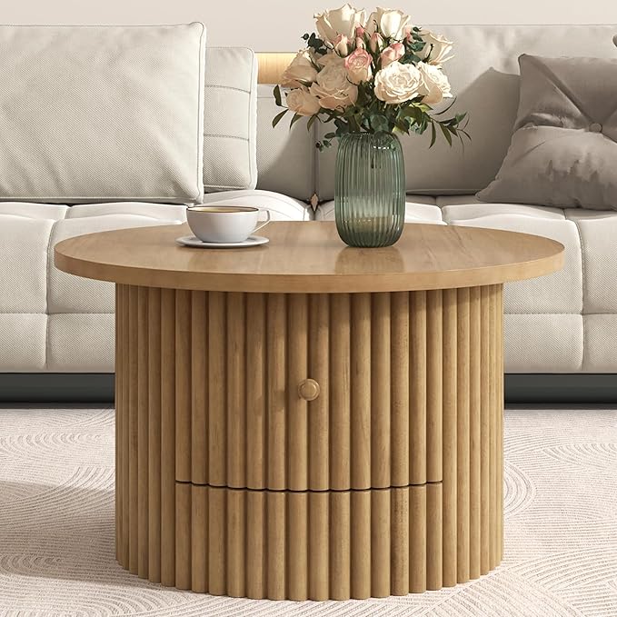 30.5" Round Storage Coffee Table, Rustic Circle Coffe Table for Living Room, Fluted Accent Wood Center Tables Farmhouse, Tea Table with Drawer for Apartment Small Space - Oak