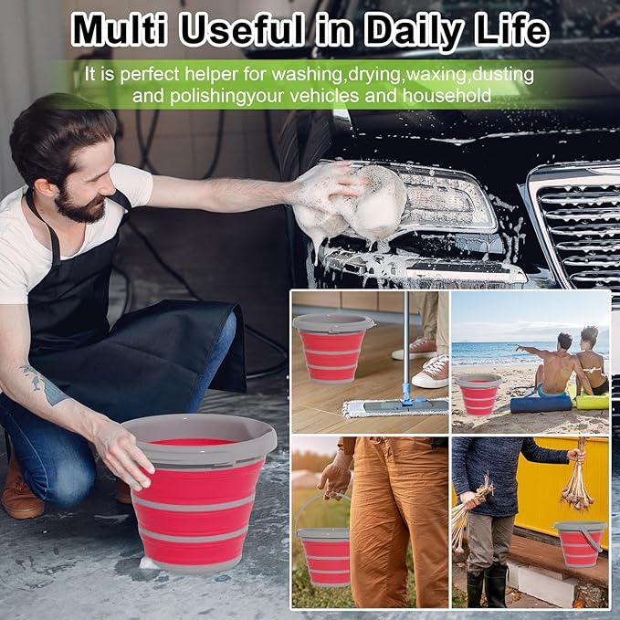 Collapsible Wash Bucket with Microfiber Mitt, 10L (2.6 Gallon) Portable Collapsiblle Bucket with Handle for Car Wash Household Cleaning, Multiuse Collapsibles Water Bucket and Car wash mitt - Pink-NeatNest