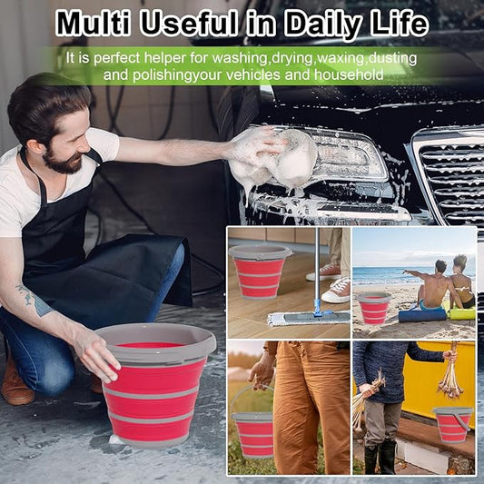 Collapsible Wash Bucket with Microfiber Mitt, 10L (2.6 Gallon) Portable Collapsiblle Bucket with Handle for Car Wash Household Cleaning, Multiuse Collapsibles Water Bucket and Car wash mitt - Pink-NeatNest