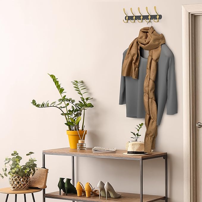 Coat Rack Wall Mount with 5 Tri Hooks, Stainless Steel 16 Inch – Black & Gold Matte Finish, Heavy Duty Wall Mounted Hook Rack for Coats, Hats, Towels, Scarfs, Robes, Bags, Entryway & Bathroom, 3 Pack-NeatNest