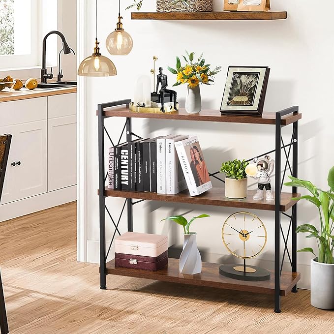 3 Tier Bookshelf, Open 3 Shelf Short Bookcase, Rustic Shelves with Metal Frame, Industrial Book Shelf for Bedroom Home Office Living Room, Rustic Brown