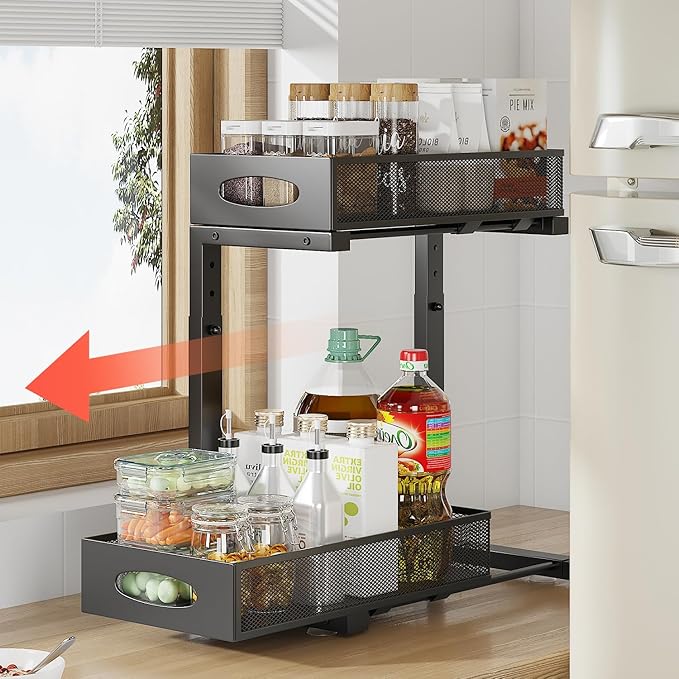 Under Sink Organizer, 2-Tier Put Out Cabinet Organizer, Adjustable Rust Proof Under Sink Organizers and Storage, Kitchen Undersink Organizers for Kitchen, Bathroom, Cabinet, Counter, 2 Pack, Black-NeatNest