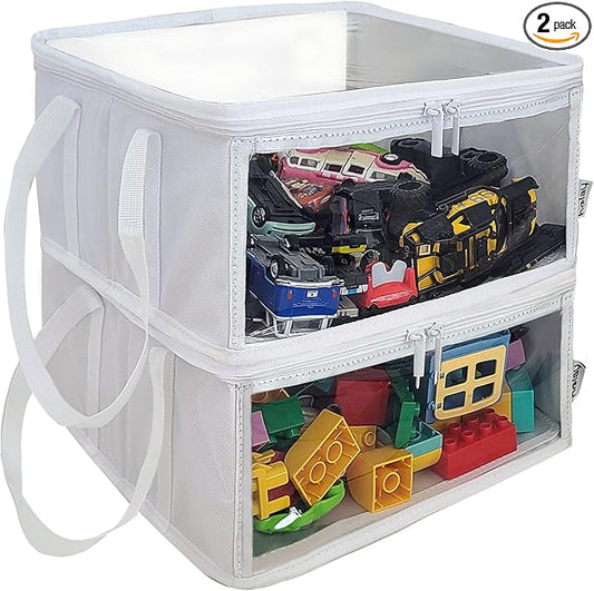 holay 2 Pack Storage Bins PVC Boxes with Transparent Lid & Handles - Durable & Foldable - Multi-Purpose Organizer for Clothes, Books, and More (White, Medium)-NeatNest