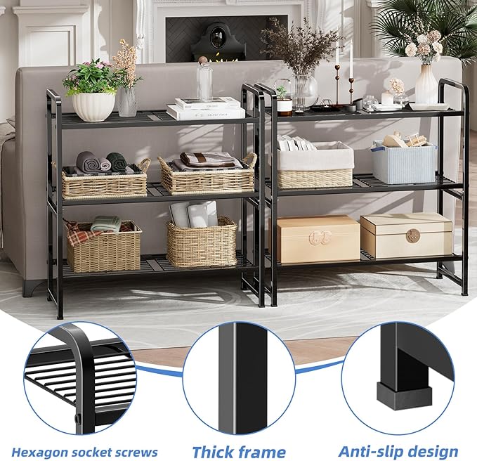 3 Tier Shelving Unit, Heavy Duty Metal Wire Shelf 30.75 Inch Wide Storage Rack for Pantry Kitchen Closet, Stackable & Adjustable, Black