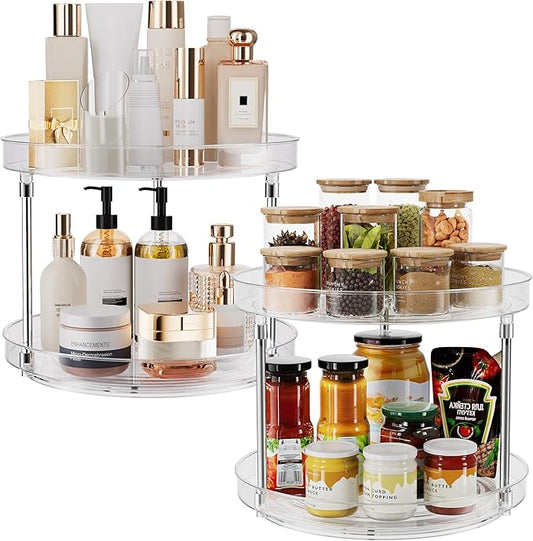 2 Pack 10.6-Inch 2 Tier Lazy Susan Organizer, 360 Degree Rotating Clear Turntable for Cabinet, Makeup and Perfume Organizer for Vanity, Kitchen, and Bathroom Counter Tray-NeatNest