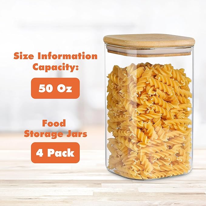 Glass Storage Containers with Airtight Bamboo Lids Set of 4,Pantry Food Storage Container,Perfect for Kitchen Organization-Flour, Rice, Pasta, Sugar, Coffee Beans, Accessories Included (4 packs(50oz))