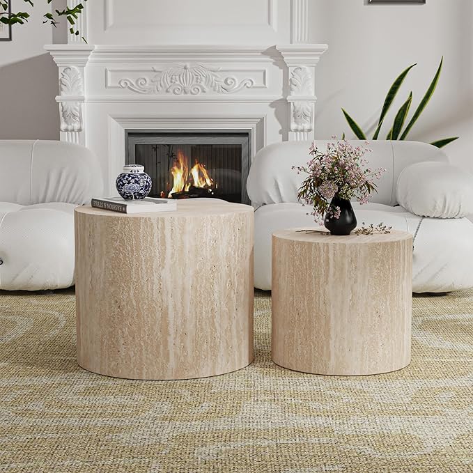 Round Wood Coffee Table Set of 2 Modern Circle Nesting Coffee Table Handcrafted Drum Nesting Table Nesting Coffee Tables for Living Room for Small Space (Travertine (D18.2+D14.6 inch))