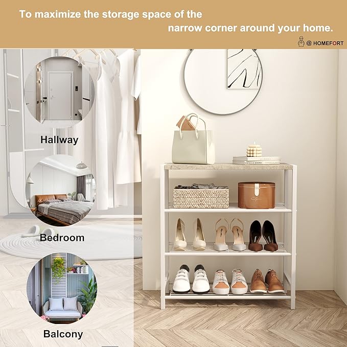 HOMEFORT 4-Tier Shoe Rack, Modern Industrial Shoe Storage Tower, Narrow Shoe Organizer for Closet Entryway, Small Shoe Rack Table with Durable Metal Shelves and MDF Top, White Oak-NeatNest