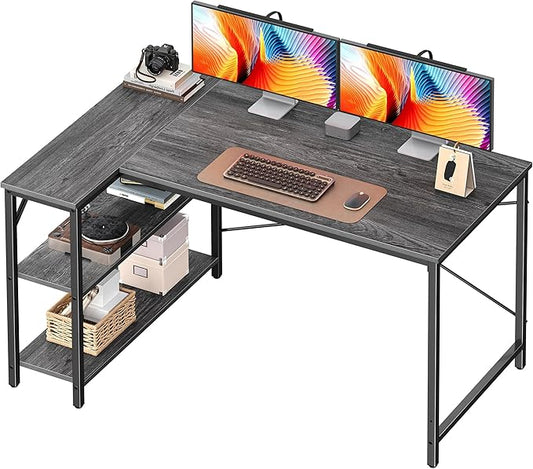 Huuger L Shaped Desk, 47 Inches Computer Desk with Reversible Storage Shelves, for Gaming Corner Home Office Writing Study, Metal Frame, Gray-NeatNest