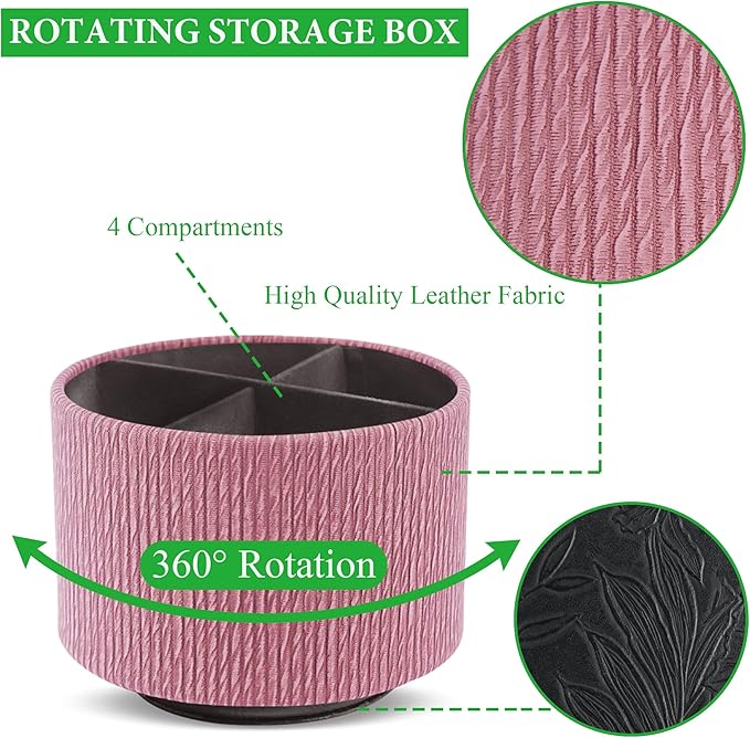 Hennaja Round Leather Art Supply Organizer,Remote Control Holder,360 Degree Spinning,Multi-Functional Pencil Holder,4 Compartments Desktop Stationary Organizer(1-Wood Pink)-NeatNest