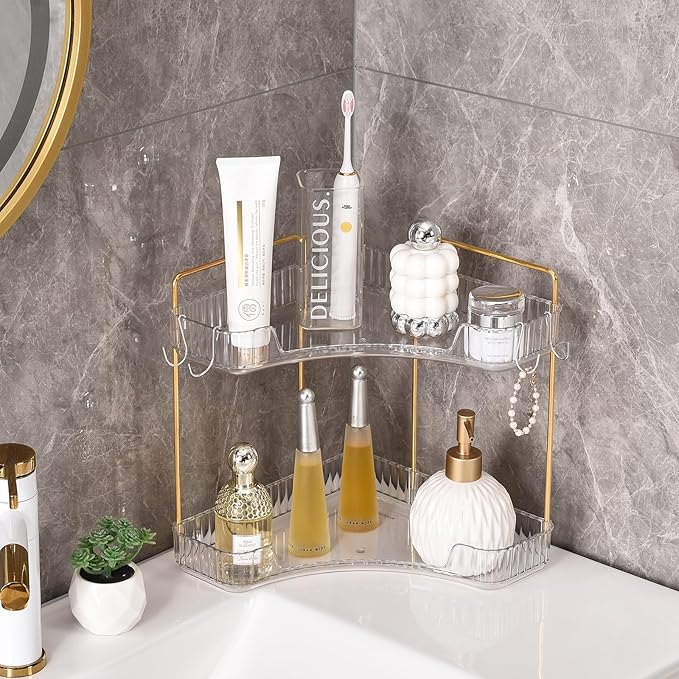 2-Tier Plastic Bathroom Counter Corner Organizer with Hooks, Bathroom Sink Organizer and Storage Countertop Vanity Tray, Perfume Organizer (Gold Clear)-NeatNest