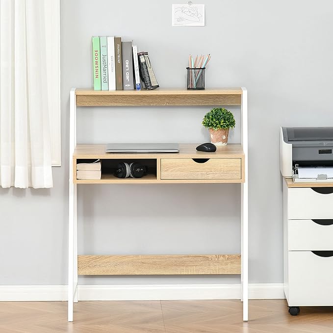 HOMCOM Home Office Desk, Computer Desk with A Frame for Small Spaces, Writing Table with Drawer and Storage Shelves, Natural-NeatNest