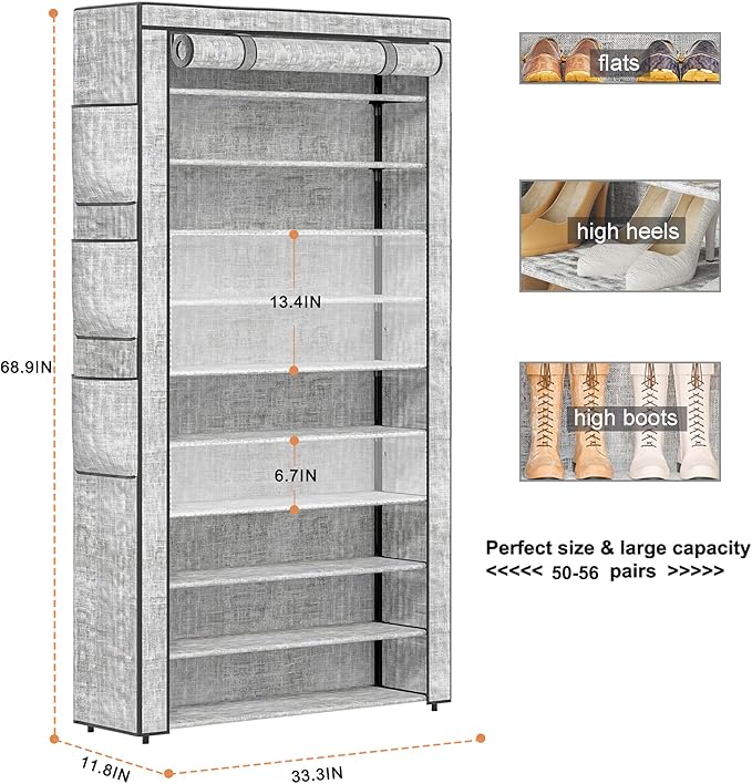 Shoe Rack 10Tier Large Capacity 50-56Pairs Beautiful Tall Shoe Shelf Free Standing Storage Cabinet Entryway Closet-NeatNest
