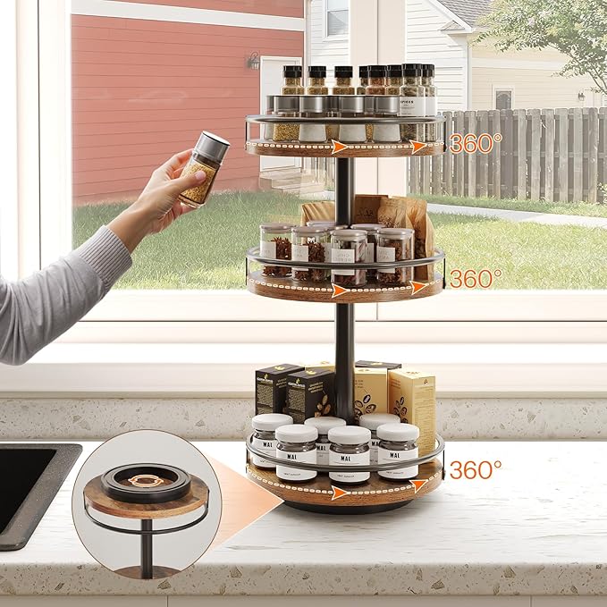 HOOBRO 3-Tier Lazy Susan Organizer, Rotating Spice Rack, Turntable Spice Rack, Vertical Storage Organizer, for Kitchen Countertop, Vanity, Dining Table, Rustic Brown and Black BF09TL01-NeatNest