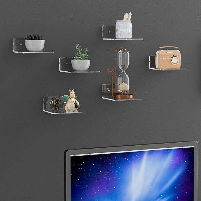 6 Inches Acrylic Small Wall Shelves 2 Pack, Floating Shelf for Wall Mounting, Acrylic Display Ledges for Funko Pop Figures, Home Décor, Living Room, Gaming Room, Plants(6 inch, Clear)-NeatNest