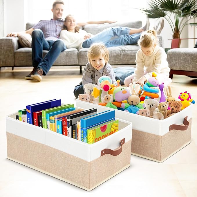 Closet Organizer Bins 3 Pack, Large Storage Bins for Shelves, Foldable Closet Storage Boxes Baskets with Leather Handles for Organizing Clothes, Sheets, Jeans, Toys, Books（Begie）-NeatNest