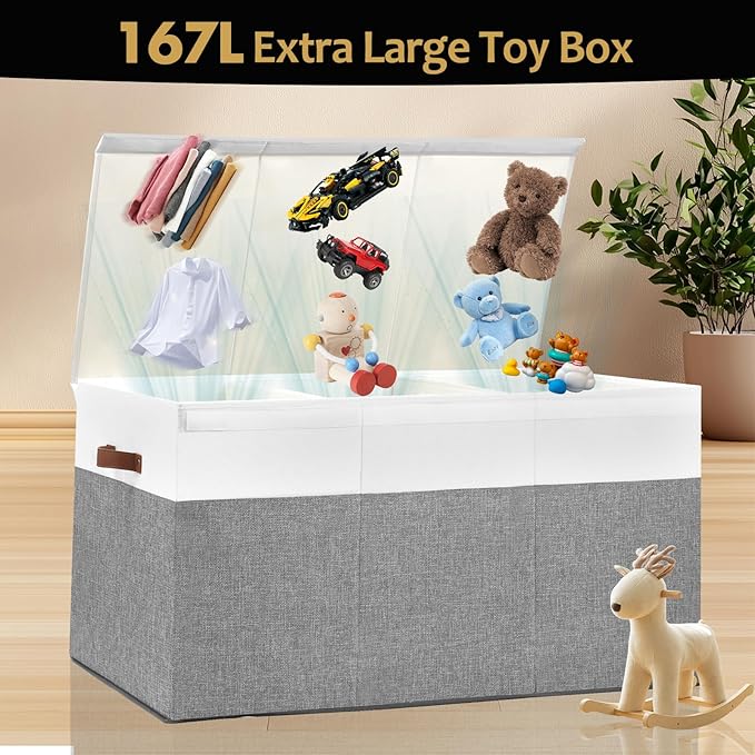 Extra Large Toy Storage Box with Lid, Sturdy Toys Storage Chest Bin Organizer Basket with Dividers for Kids, Boys, Girls, Nursery, Closet, Bedroom, Playroom 35.5"x17" x17"(Grey and White)-NeatNest