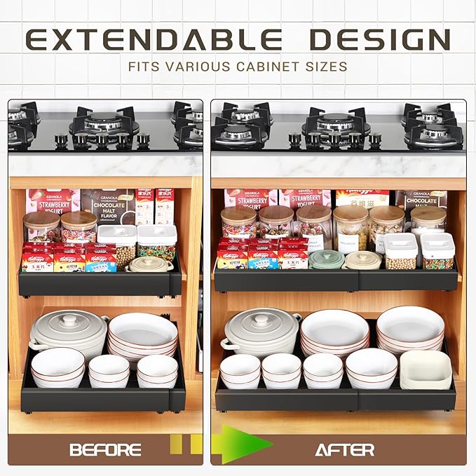 Under Sink Cabinet Organizer with Slide-Out Drawers Heavy-Duty Adjustable 12.6''-20.5'' Deep Tool-Free Adhesive & Screw Mounting, Removable Shelves for Kitchen Storage (Black)-NeatNest