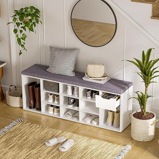 DINZI LVJ Shoe Bench, Entryway Storage Bench with Drawer and 14 Cubbies, Long Cubby Shoe Rack with Adjustable Shelves, Organizer for Living Room, Bedroom, Mudroom, Garage, White-NeatNest