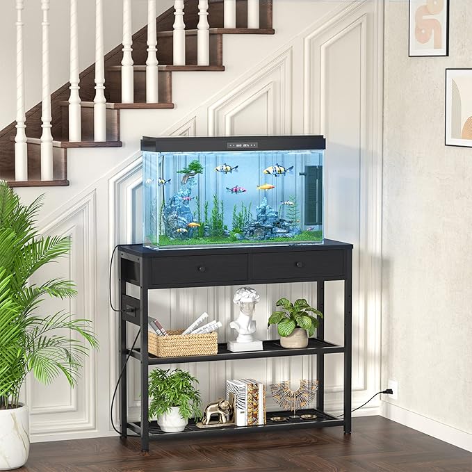 Ecoprsio Entryway Table with Outlets and USB Ports, Console Table with 2 Drawers, Small Sofa Table with Storage Shelves for Living Room, Couch, Hallway, Foyer, Kitchen Counter, 32'', Black-NeatNest