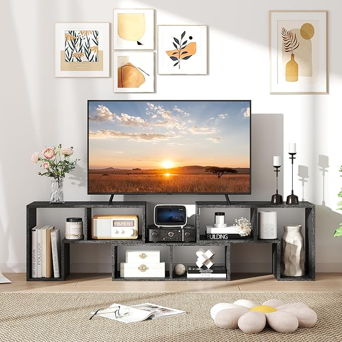 GOFLAME 3 Pieces TV Console Stand, Modern Entertainment Center for 50 55 60 65 Inch Flat Screen TV, Free Combination Bookcase for Storage & Display, Suitable for Living Room (Black Wood Grain)-NeatNest