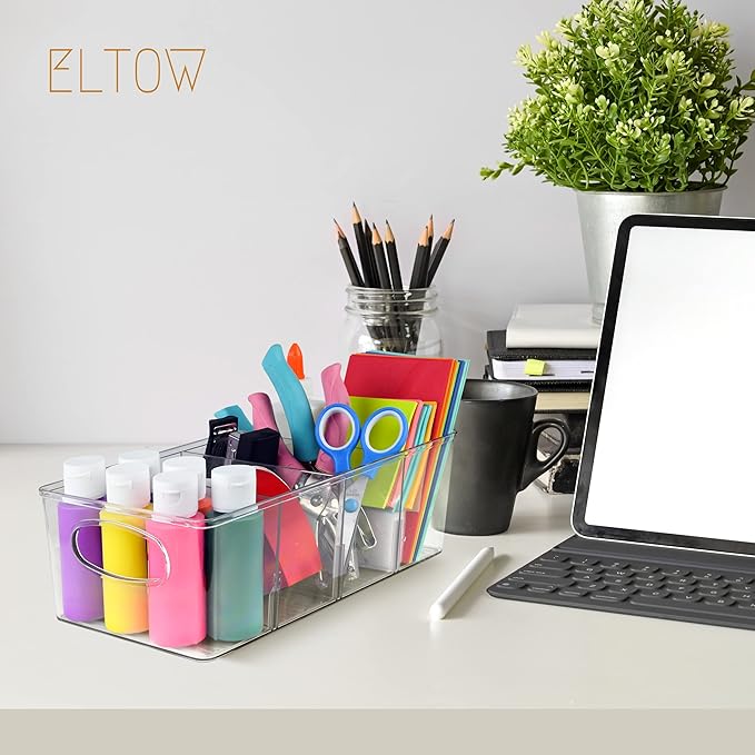 ELTOW Snack Organizer for Pantry Shelf – Clear Storage Bins with Removable Dividers, Kitchen & Pantry Snack Holder, Protein Bar Organizer, Food Storage for Cabinets & Fridge – Pack of 6