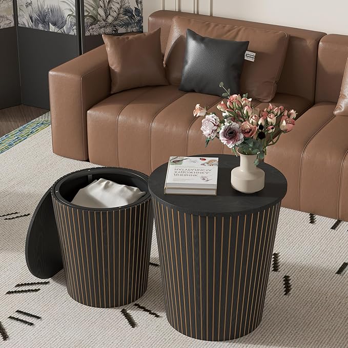 Round Coffee Table Set,2-Piece Modern Farmhouse Living Room End Table Set, Nesting Table Round Natural Finish for Living Room (Black, 17.72'')