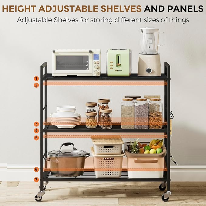 3-Tier Metal Storage Rack with Industrial Wheels,Mesh Shelving Unit with Wooden Table top,Adjustable Shelf,31.5-Inch Width, for Kitchen, Laundry,Pantry,Plant,Black panel and black frame