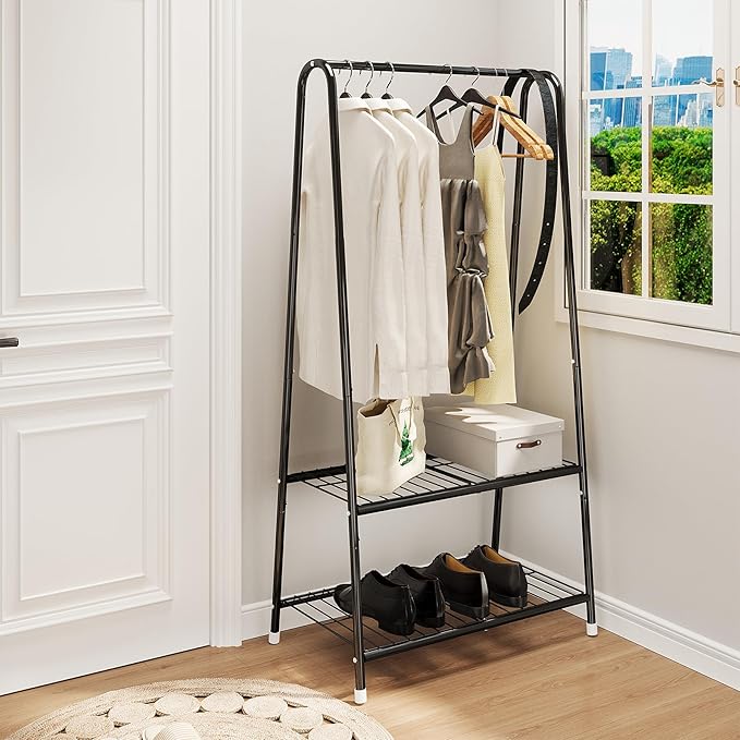 Buzowruil Metal Small Clothes Rack,Clothing Garment Rack with Double Layer Shelf for Clothes,Dress, Shoes,Black-NeatNest