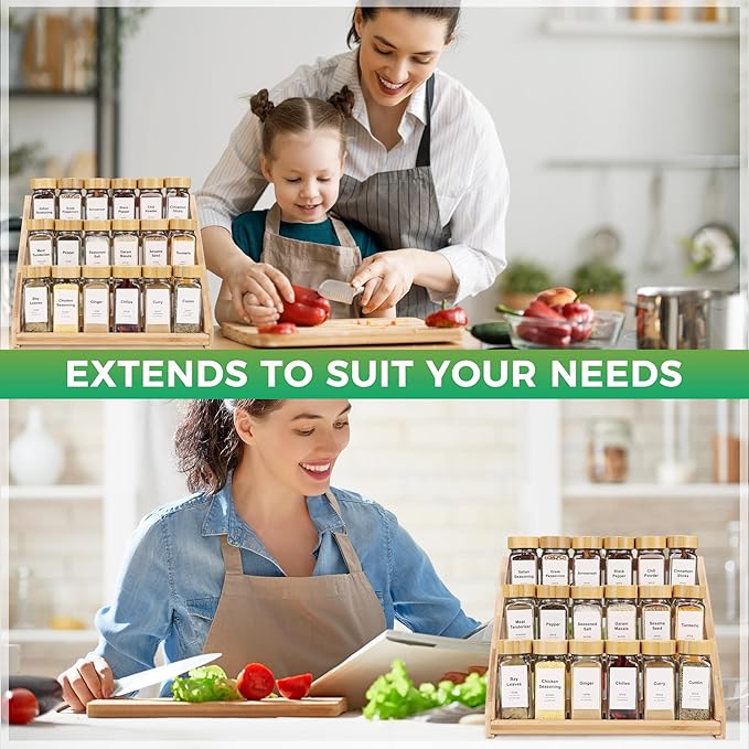 3-Tier Natural Bamboo Spice Rack Organizer - for Kitchen Cabinets, Countertops & Pantries - Space-Saving Tiered Shelf Seasoning rack-NeatNest
